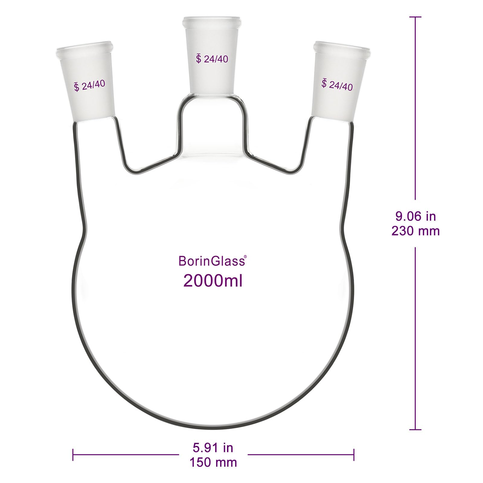 BorinGlass Dreihals-Rundkolben, Glas-Siedekolben mit drei Hälsen und 24/40 Standard-Schliff-Außenverbindungen, 2000 ml