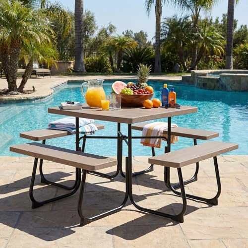 Image of Tangkula 8 Person Picnic Table, Outdoor Square Picnic Table with 4 Built-in Benches, Umbrella Hole, Metal Frame & HDPE Tabletop, Outside Table and Bench Set for Backyard, 2300lbs Weight Capacity