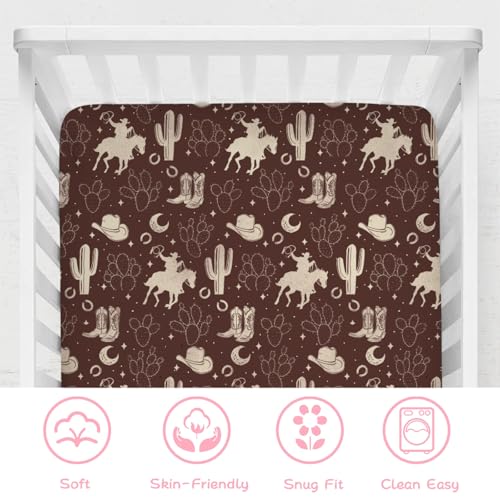 Image of Vintage Western Cowboy Baby Crib Sheets 52''x28'' Cowboy Horse Boots Hat Cactus Moon Snug Fitted Crib Mattress Cover for Boy Girl Wild Plants Soft Baby Bed Sheet for Standard Crib Toddler Mattress