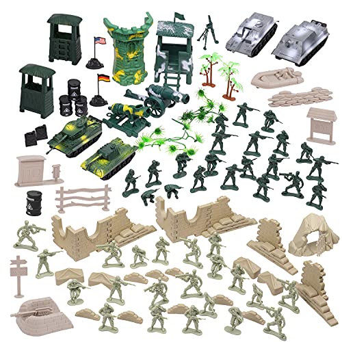 Flexzion Military Action Figures Playset, Army Men Toy Model Kit, Soldier Force Giftset, War Building Accessories Scene Gameset, Classic World War Battlefront Warrior Tank Set for Kids, Boys - 100 Pcs