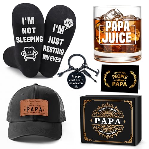 Papa Gifts from Grandkids Papa Birthday Gifts for Men Happy Birthday Gift Ideas for Best Papas from Grandson Granddaughter Grandchildren Funny Gift Set for Christmas, Fathers Day with Hat, Wine Glass
