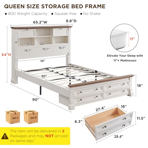 Farmhouse Queen Size Bed Frame with 54\" Tall Storage Bookcase Headboard, Wood Platform Bed Frame with 2 Drawers & 18\" Tall Roman Column Decoration Footboard, No Box Spring Needed(Antique White)