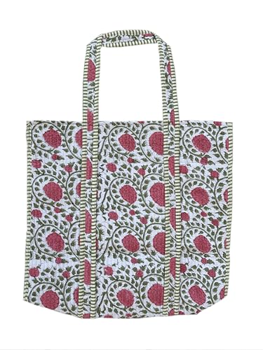 Image of Quilted Cotton Hand printed Reversible Large multicolor cotton Tote Bag,Indian Handmade Block Printed Tote Bag Women Handbag