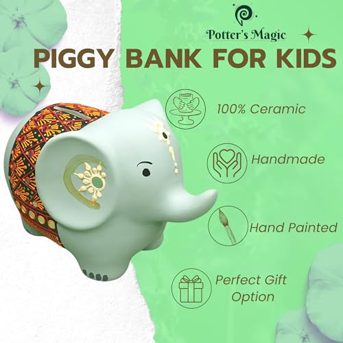 Image of Potter's Magic Ceramic Hand Painted Elephant Piggy Bank with Lock | Modern Lucky Money Bank | Piggy Bank for Womens | Mitti Ka Gullak | kiddy Bank for Boys & Girls (Without Glaze)