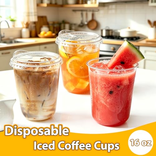 Image of 100 Sets 16 oz Clear Plastic Cups with Lids | Iced Coffee Cups, Disposable Round Bottom, For Cold Drinks, Smoothies, Juice, Milkshake, Wedding & Party Use