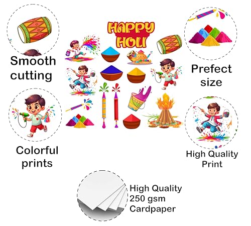 Image of 20+ Pcs Theme Photo Booth Cards /Props for Kids, New Born, 20+ Pcs Props for Photoshoot Celebrations Decorations Cardstock (Holi Theme)