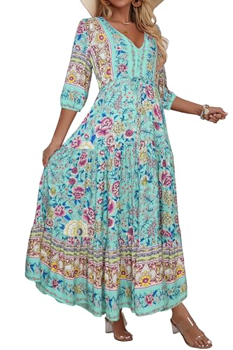 Image of Women Short Sleeve V Neck Floral Print Casual Bohemian Maxi Dresses