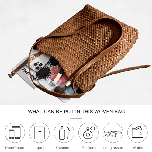 Image of Large Woven Tote Bag Vegan Leather Shoulder Bag for Women Fashion Travel Shopper Bag Top Handle Handbag and Purse