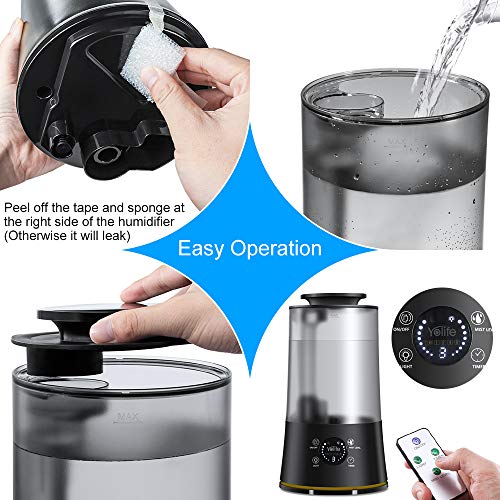 Yolife Top Fill Humidifiers Ultrasonic Cool Mist Humidifier for Bedroom Home Baby with Timer 3 Mist Levels Whisper Quiet Auto Shut Off 4L Large Open Water Tank Touch Screen with Remote