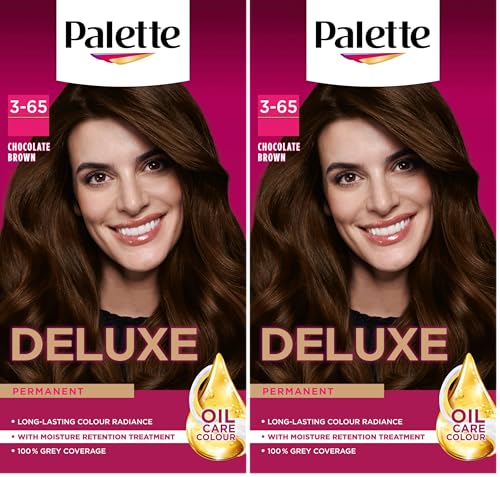 Palette Deluxe Creme Colouration 3-65 Chocolate Brown Hair Dye, Permanent Hair Dye, Long-Lasting Hair Colouring with Moisture Retention Treatment and 100% Grey Coverage (Pack of 2)