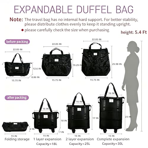 VOOWO Rolling Duffle Bag with Wheels, Expandable Foldable Duffle Bag with Wheels and Handle for Travel, Rolling Luggage Bag Carry on Duffel Bag, Wheeled Travel Duffle Bag, Large We image 1