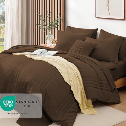 Image of Monbix Full Comforter Set - 7 Pieces Chocolate Brown Bed in a Bag Full Size Bedding Sets with Comforters, All Seasons Comforter with Sheets, Pillowcases & Shams