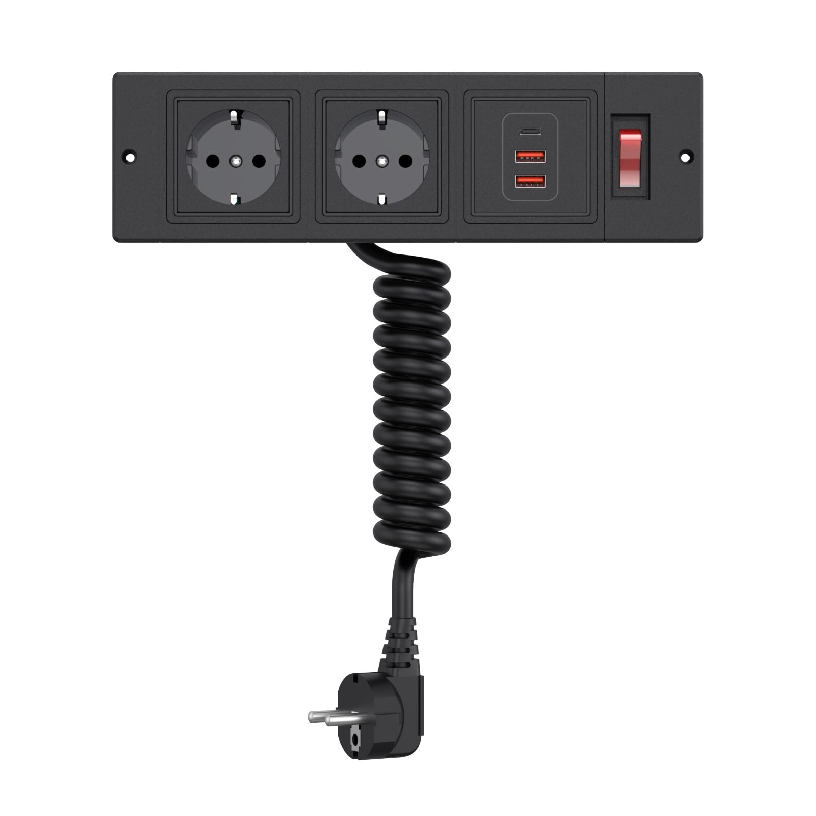 Enchufe empotrable con cable en espiral, USB-C e interruptor, color negro