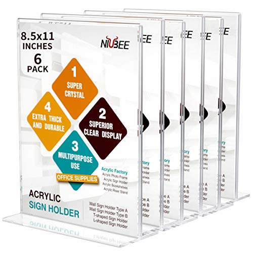 Image of NIUBEE 6 Pack Acrylic Sign Holder 8.5 x 11 - T Shape Double Sided Table Top Display Stand, Portrait Upright Photo Picture Frame Wedding Menu Ad Holder