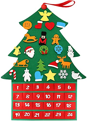 Qcfang Christmas Advent Calendar Felt Tree Ornaments, Newest DIY Xmas Countdown Decorations Wall Door Hanging Kids’ Gift