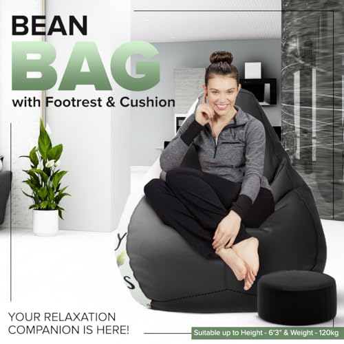 Image of Amazon Brand - Solimo 4XL Premium Faux Leather Bean Bag Combo with Footrest & Cushion, Filled with Beans | Capacity: Upto 6 Ft 5 in Height, 125 KG Weight | No Hurry No Worry Print