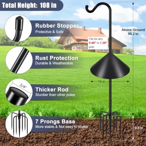 Image of Gtongoko Bird Feeder Pole Squirrel Proof 108 Inch Shepherds Hook | 7 Prongs Base, Squirrel Baffles, Adjustable Heavy Duty, Hanging Plants & Feeders, Black