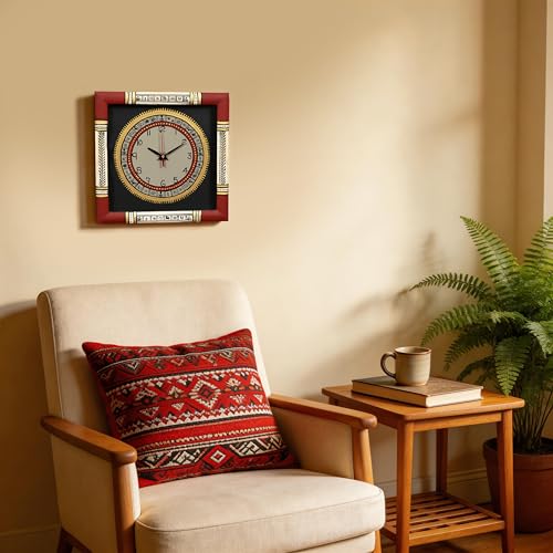 Image of AAKRITI ART CREATIONS Wall Clock Handcrafted Warli Art Dial with Glass Frame Black, Red | Wall Clock for Home, Home Decoration | Lightweight Wooden wall Decor | Matte Finish