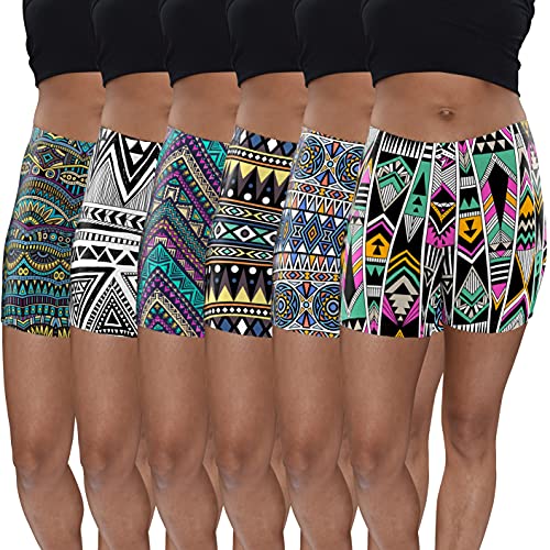 Sexy Basics Womens 6 Pack Buttery Soft Brushed Active Yoga Stretch Mini -Bike Short Boxer Briefs (6 Pack- Tribal, 2X)