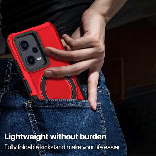 Image of Vaku Luxos Astor Military Grade Back Cover Case for Redmi Note 12 Pro 5G with Rotable Ring Kickstand Shockproof Protective Cell Phone TPU Case- Red
