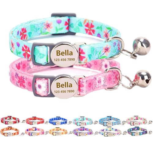 Moonpet 2 PCS Custom Personalized Customized Engraved Breakaway Boy Girl Kitten Cat Collar with ID Name Phone Number Buckle with Bell
