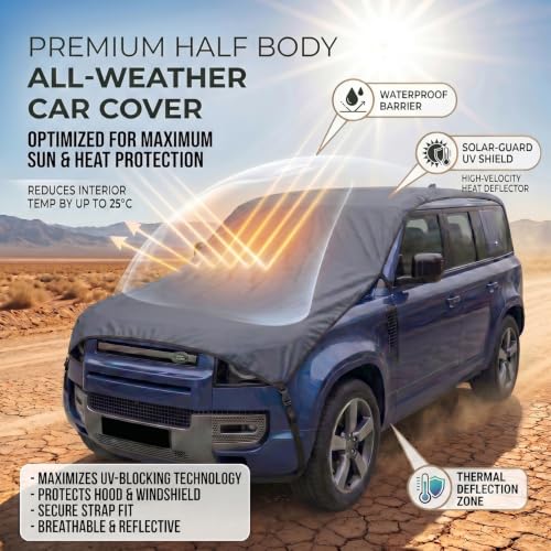 Image of Pivalo Half Car Body Cover for SUV Cars (All Models & Years) | 100% Waterproof Outdoor UV & Heat All Weather Protection | Triple Stitched 3 Layer with Adjustable Straps Cover (Grey)