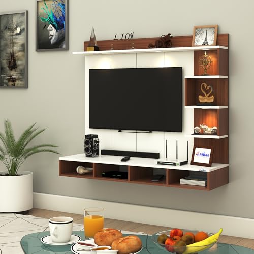 Image of Anikaa Kasey Engineered Wood Wall-Mount TV Unit with PVC Back Panel & LED Lights | TV Cabinet with Storage Box & Decorative Shelves (Walnut /White) Ideal for TVs up to 55 Inch | DIY Installation