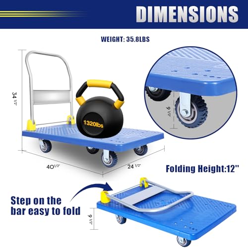 YSSOA Platform Truck with 1320lb Weight Capacity and 360 Degree Swivel Wheels, Foldable Push Hand Cart for Loading and Storage, Blue