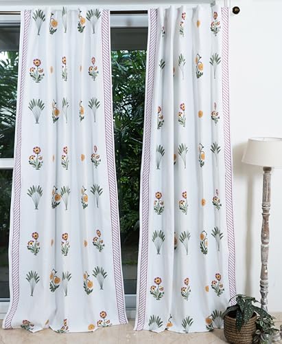Image of Tranquebar Curtain Co. Window Curtains 5 Feet, 60-65% Room Darkening, Pink Ethnic Curtains Palms Print, Cotton Curtains for Window, Cotton Curtains 5 Feet Long Set of 2, BackTabs, Bagh (152 cm)