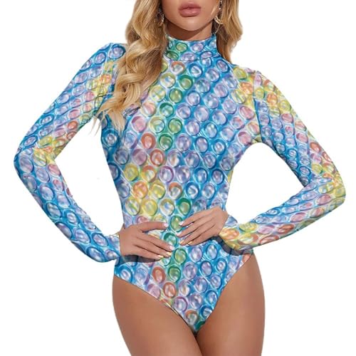 Colorful Bubble Wrap Women's Turtleneck Jumpsuit Sexy Printed Novelty Long Sleeve Bodysuit