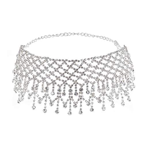 Luxury Rhinestones Tassel Wide Choker, Crystal Necklace for Women Girls (Silver)