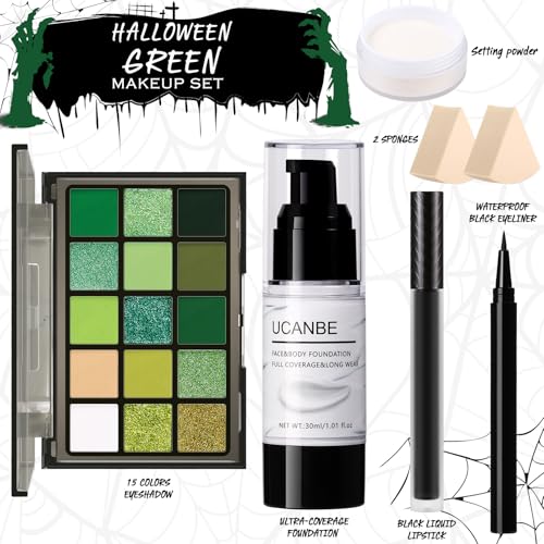 Image of UCANBE Halloween Makeup Kit - 15-Color Green Eyeshadow Palette, White Liquid Foundation, Black Liquid Lipstick & Eyeliner, Setting Powder & Sponges Makeup Set for SFX Cosplay Costume Witch Monster