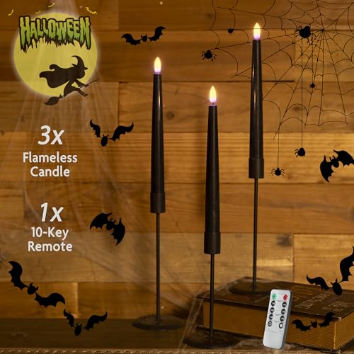 Image of Black Flameless Taper Candles with Remote, Real Wax Halloween Candles, 9.6 Inch Battery Operated Led Candlesticks for Party Home Festival Decor, 3 Pack