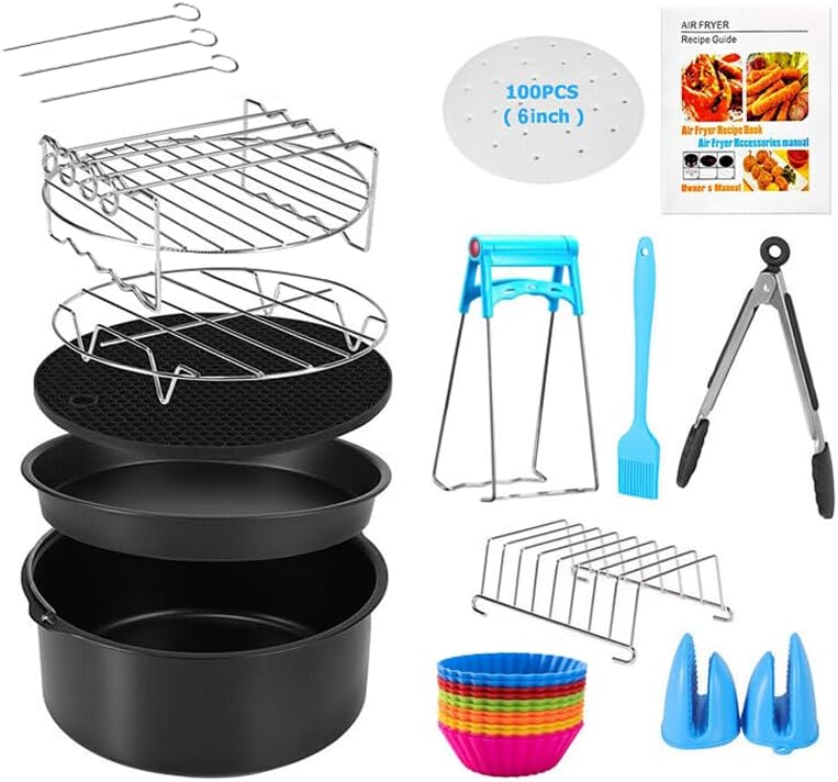 Firelex Air Fryer Accessories 15 pcs 8 Inch Accessory Set Paper Liners Airfryer Basket Kitchen Tools Air Fryer Tray Parchment Paper Cooking Racks Metal Holder Cake Mold Pizza Pan Skewer