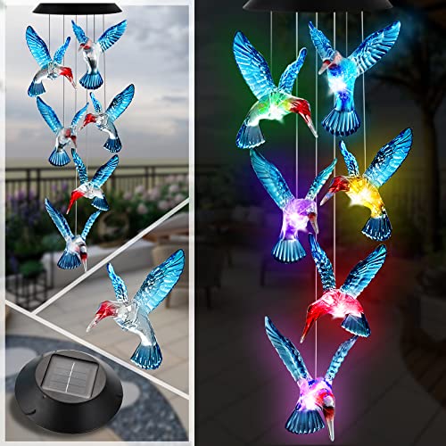Ousenone Hummingbird Wind Chimes Solar Wind Chimes Outdoor Color Changing Light Up Wind Chimes Solar Powered Memorial Wind Chimes Birthday Gifts for Mom Hummingbird Gifts (Blue windchimes)
