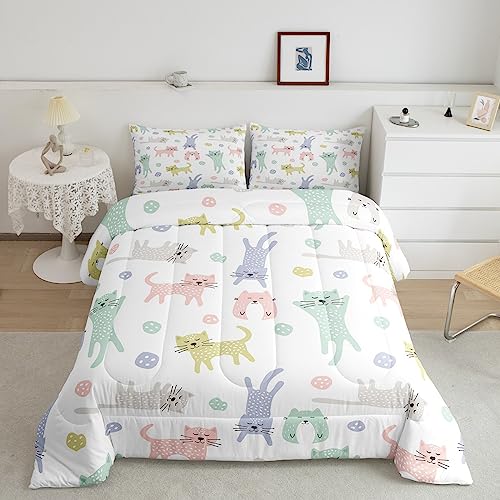 Image of Feelyou Cat Comforter Queen Size, Cute Kitten Cat Comforter Set Colorful Cat Animals Comforter Set for Kids Toddler Kawaii Pet Cats Duvet Set Microfiber Quilt Set