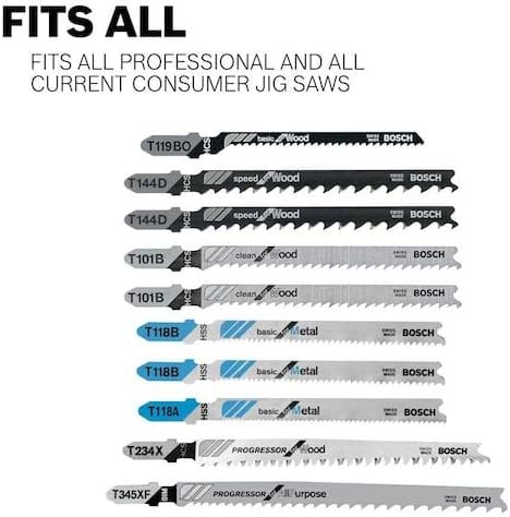 BOSCH T5002 T-Shank Multi-Purpose Jigsaw Blades, 10 Piece, Assorted, Jig Saw Blade Set for Cutting Wood and Metal