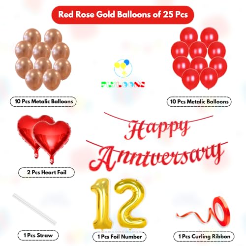 Image of Flyloons 12th Happy Anniversary Decoration Items Red Rose Gold for Men Women Husband Wife Mom Dad Parent Couple Home Bedroom Car With 20 Pcs Metallic Balloons Anniversary Banner 2 Pcs Heart Set Kit