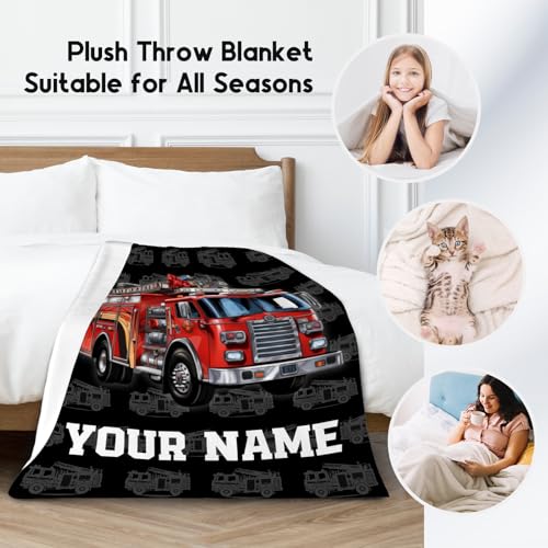 Toddler Blankets for Boys, Personalized Cozy Soft Fire Truck Throw Gifts for Kids, Black Flannel Firefighter Blankets for Bed Travel, 50x60 Inches