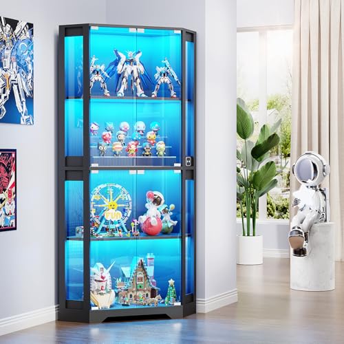 BROTTAR 4 Shelf Corner Display Cabinets with Glass Doors 65 Tall Bookcase with Lights/Human Sensor Display Case with Magnetic Lock for Storage for Living Room Office Bedroom Black
