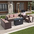Super Patio 8 Pieces Outdoor Patio Furniture Set with 45” Fire Pit Table, Rattan Patio Conversation Sets with 50000 BTU Gas Fire Pit, Wicker Sectional Sofa Set with Storage Box, Brown(Without Table)