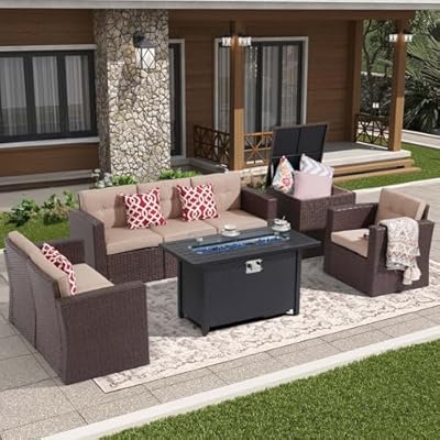 Super Patio 8 Pieces Outdoor Patio Furniture Set with 45” Fire Pit Table, Rattan Patio Conversation Sets with 50000 BTU Gas Fire Pit, Wicker Sectional Sofa Set with Storage Box, Brown(Without Table)