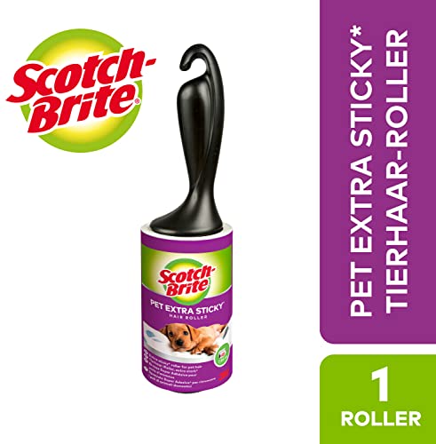 Scotch-Brite Pet Extra Sticky Fusselrolle für Tierhaare, 48 Blatt, 5 Rollen mit 1 Abroller, 240 Blatt pro Packung - Extra Klebrige Fusselrolle für Kleidung, Haare, Katzenhaare, Hundehaare