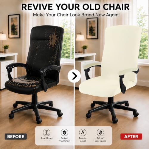 Image of DIVA EN CAMINO DEC Stretch Computer Office Chair Cover with Armrest Covers Durable Zipper Universal Spandex Rotating Boss Chair Slipcovers Anti-dust Soft Desk Chair Seat Protector, Cream
