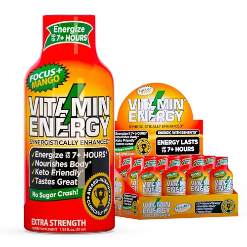 Vitamin Energy Focus+ Extra Strength Daily Energy Shot – Mango – 260mg Natural Caffeine, 100% DV B-Vitamins – Focus & Productivity Support – Zero Sugar, Vegan, Kosher – 1.93 fl oz, 12-Pack