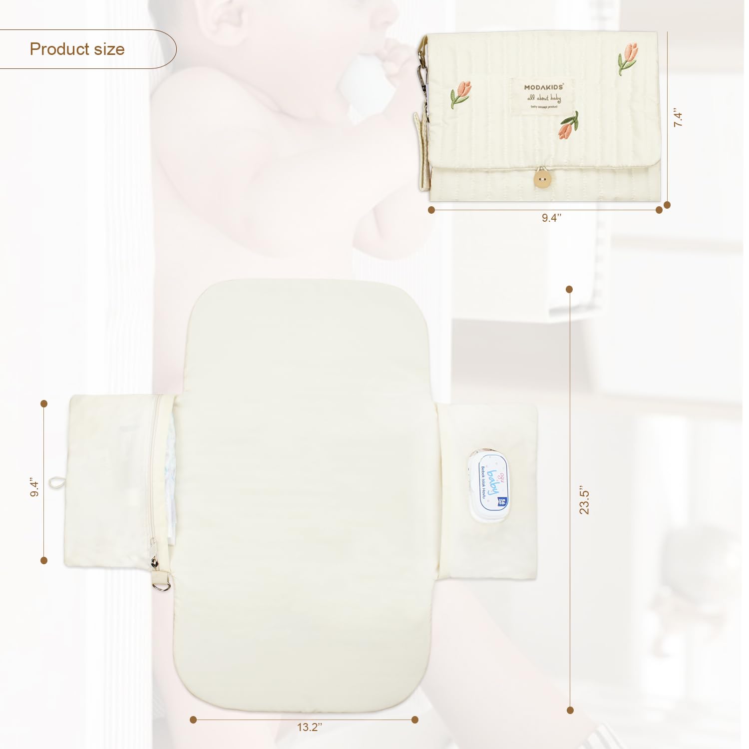 Portable Diaper Changing Pad, with, for Newborn Girl & Boy with Smart Wipes Pocket, Easy-Clean, Waterproof, Soft, Comfortable Foldable Baby Changing Pad (Flower)