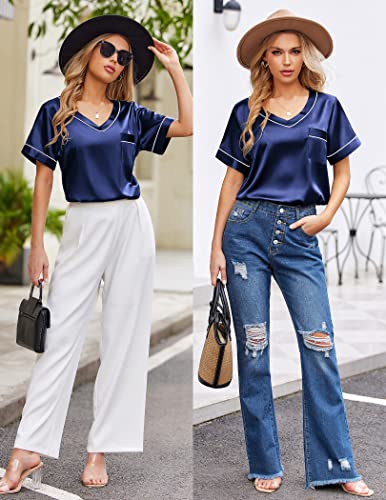 Ekouaer Silk Pajama for Women Short Sleeve Satin Pj Set Two Piece Soft Sleepwear Loungewear Casual Pjs for Summer Navy Blue Small — view 3
