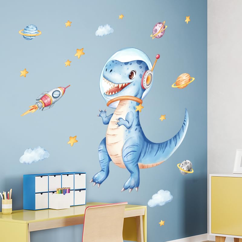 Tanlaby Large Blue Dinosaur Wall Stickers Space Dino Astronaut Wall Decals Peel and Stick Rocket Planets Clouds Art Decor for Baby Nursery Boys Girls Kids Toddler Bedroom Playroom Classroom - Image 3