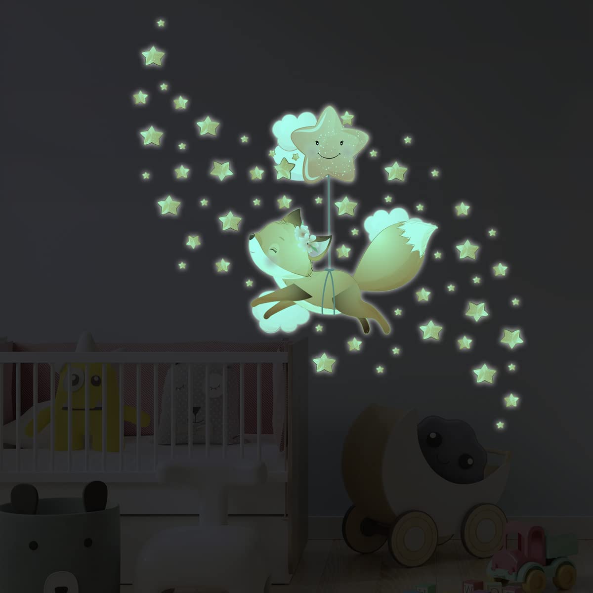 Glow in The Dark Sticker - Fox in The Stars + 60 Stars - Children's Fluorescent Ceiling Wall Sticker - 30 x 30 cm