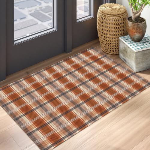 Fall Plaid Doormat Autumn Burnt Orange Buffalo Check Area Rugs 2x3 Farmhouse Thanksgiving Holiday Decorative Front Door Mat Washable Small Rugs for Entryway Bedroom Bathroom Laundry - Image 2